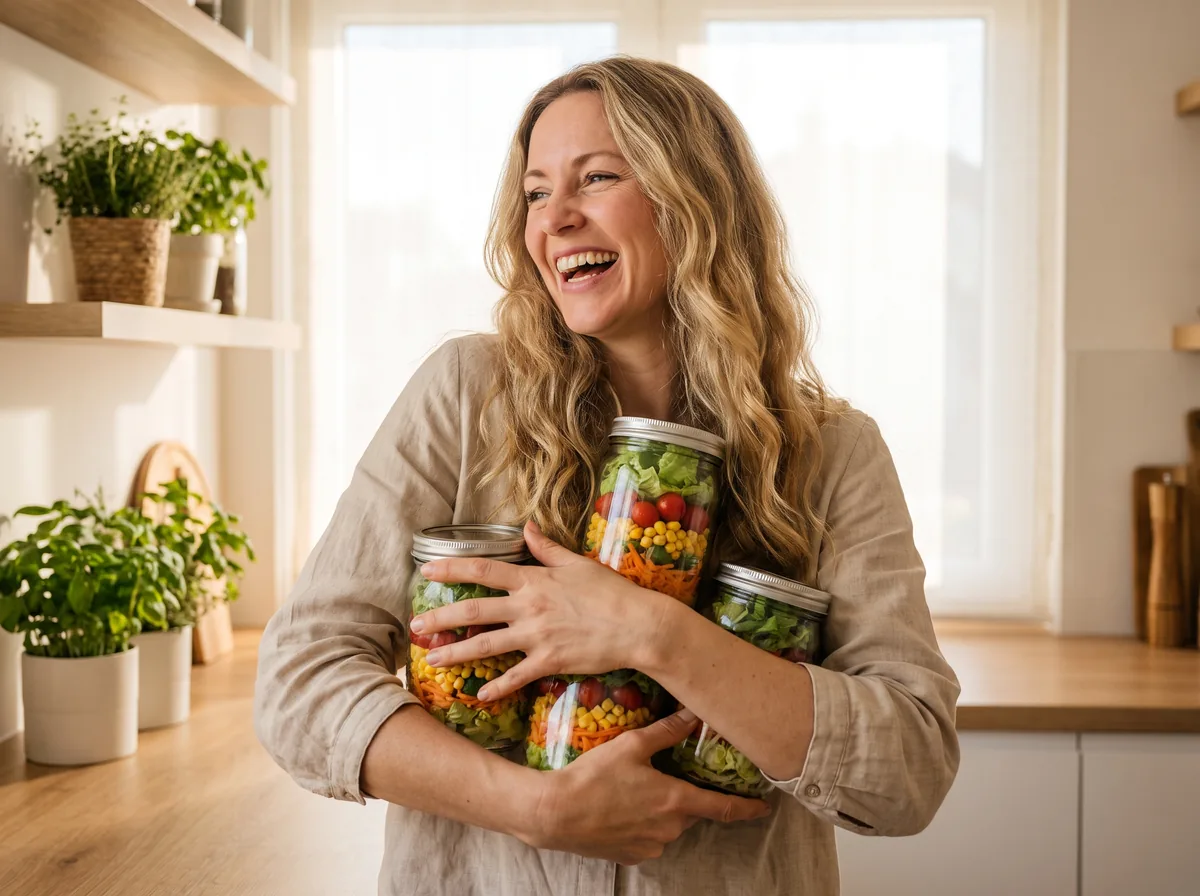 Una mujer feliz abrazando sus frascos de ensalada en la cocina