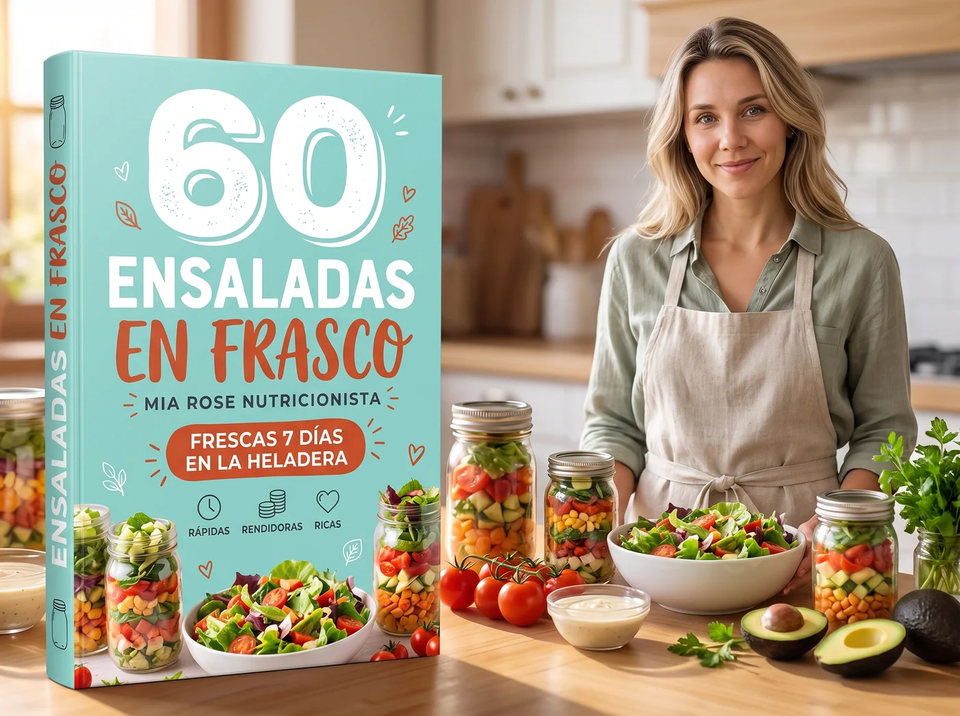 El recetario Ensaladas en Frasco, el recetario digital en el celular y Mia Rose en su cocina