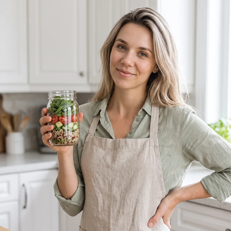Mia Rose, nutricionista, con un frasco de ensalada en la mano